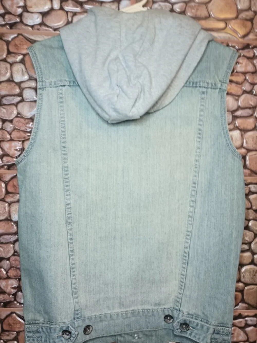 Sleeveless Denim Vest Detachable Hood Stone Wash Blue & Gray Size M Grunge - Picture 11 of 16